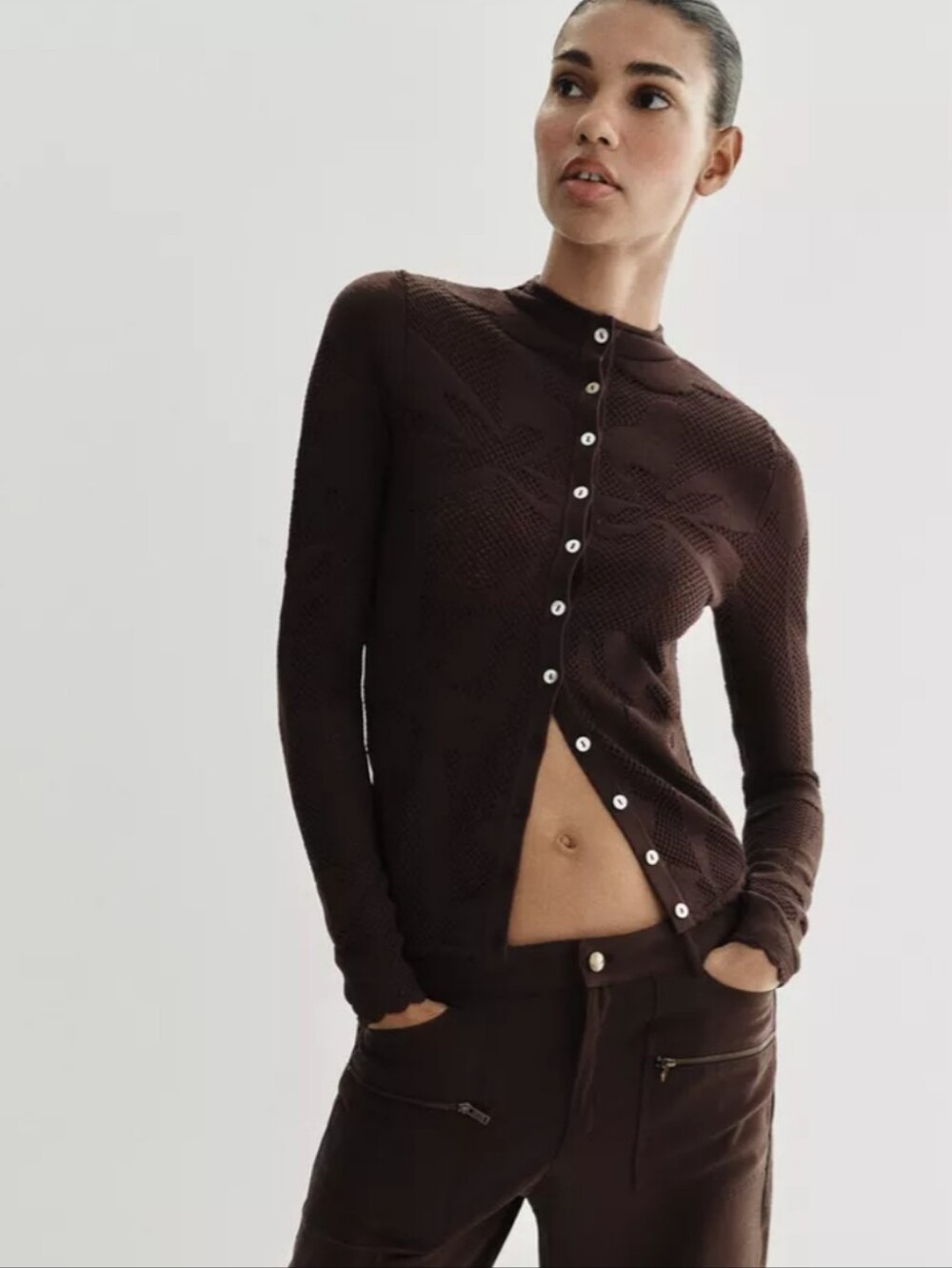 Zara JACQUARD CARDIGAN Brown Size XL New !!